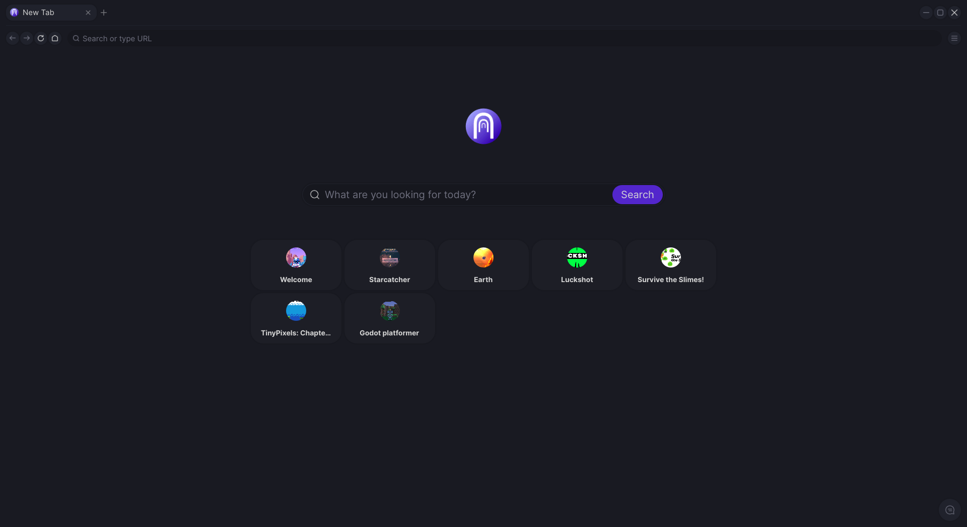 The TheGates launcher home screen, showing the search bar and featured gates: Welcome, Starcatcher, Earth, Luckshot, and Survive the Slimes.