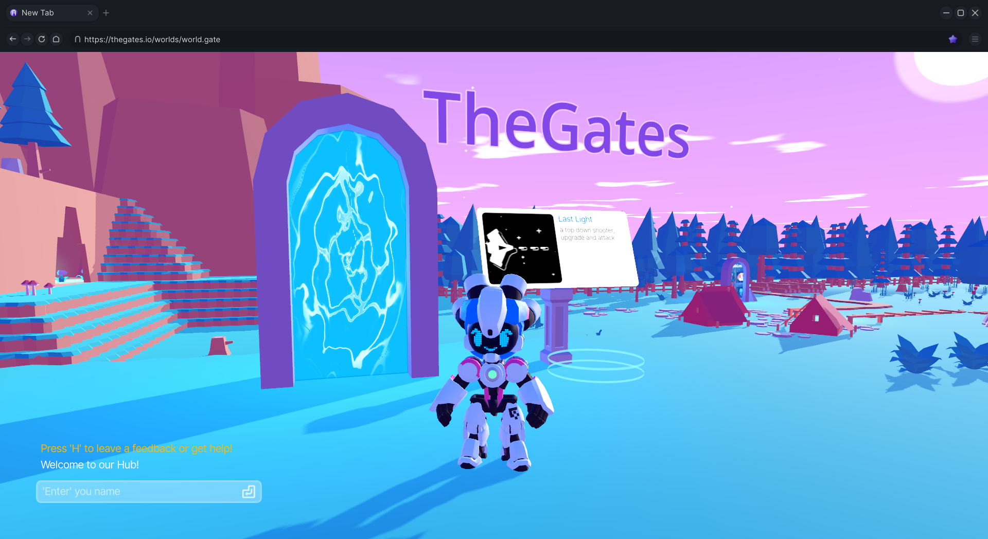 Inside the Welcome hub world. A 3D space with a robot character, a glowing portal, and the "TheGates" sign in the sky.